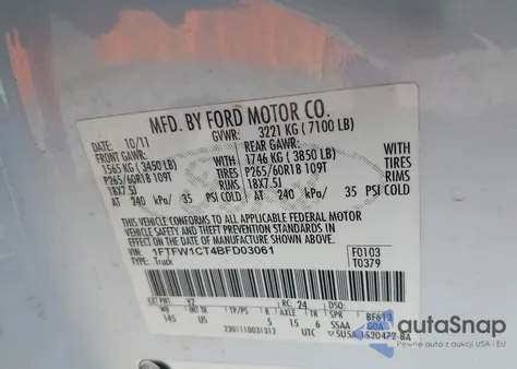 2011 Ford F-150 Xlt from USA, damaged, VIN 1FTFW1CT4BFD03061